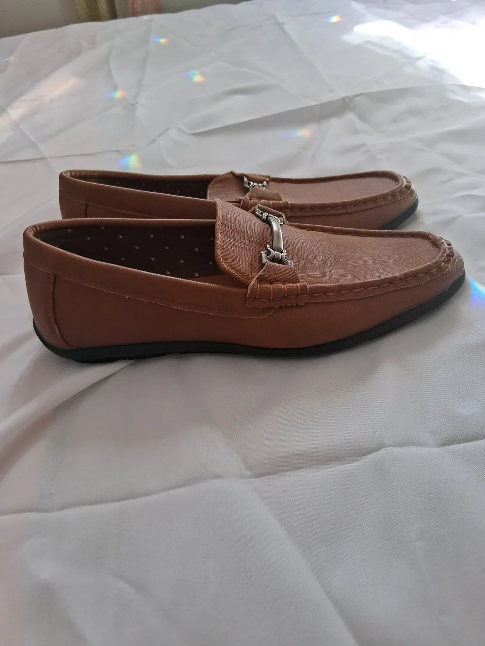 Kids Tan Slip-On Dress Loafers with Metal Bit Detail